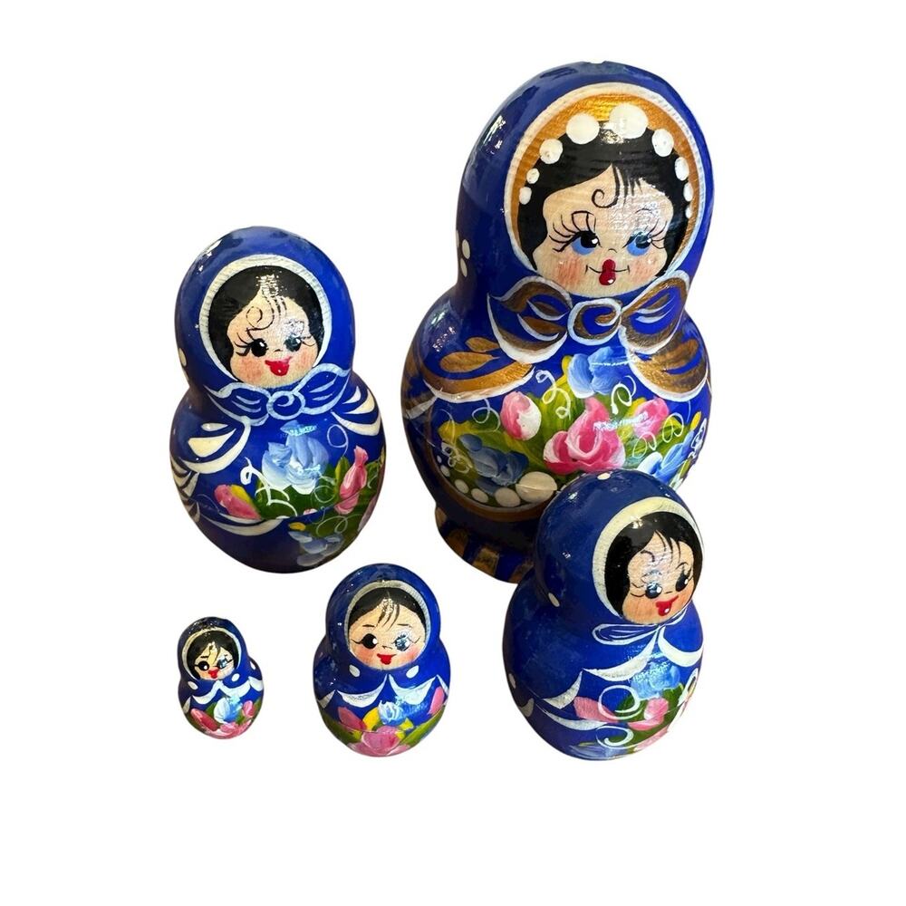 Vintage Hand-Painted Wooden Russian Nesting Dolls Set Of 5 Blue Floral